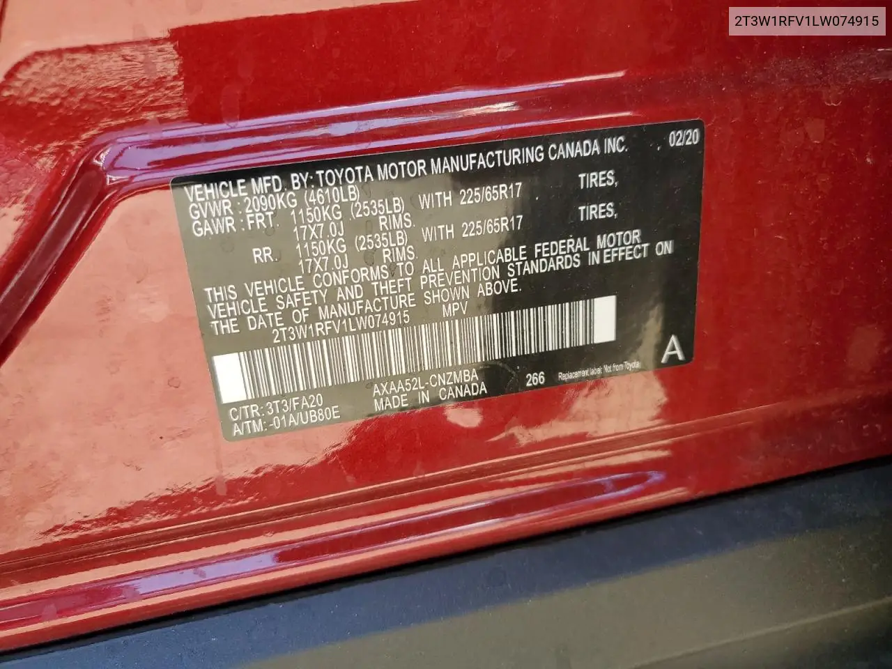 2020 Toyota Rav4 Xle VIN: 2T3W1RFV1LW074915 Lot: 63418375