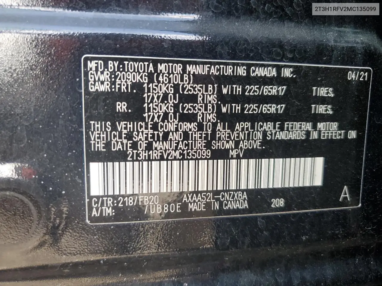 2021 Toyota Rav4 Le VIN: 2T3H1RFV2MC135099 Lot: 56470355