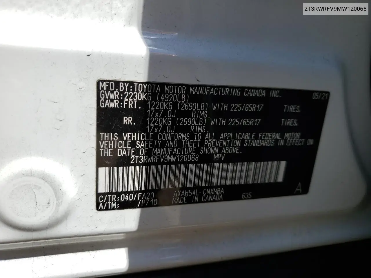 2t3rwrfv9mw120068 2T3RWRFV9MW120068 2021 Toyota Rav4 Xle