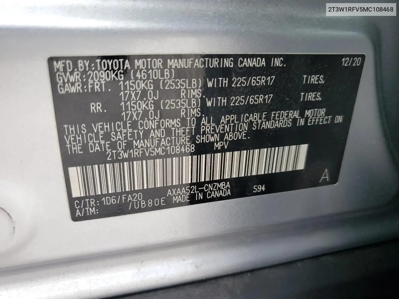 2021 Toyota Rav4 Xle VIN: 2T3W1RFV5MC108468 Lot: 63076235