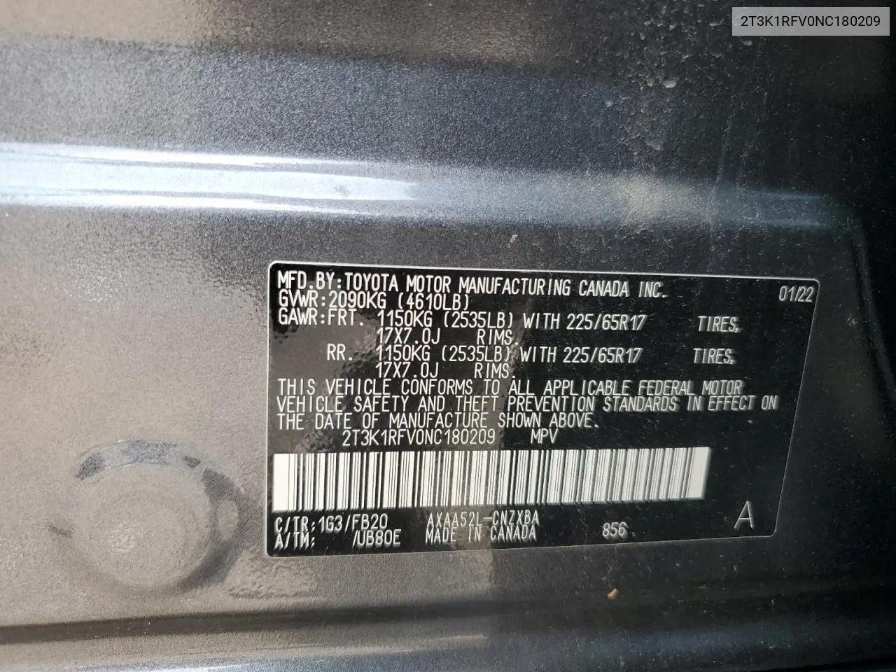 2022 Toyota Rav4 Le VIN: 2T3K1RFV0NC180209 Lot: 62137625
