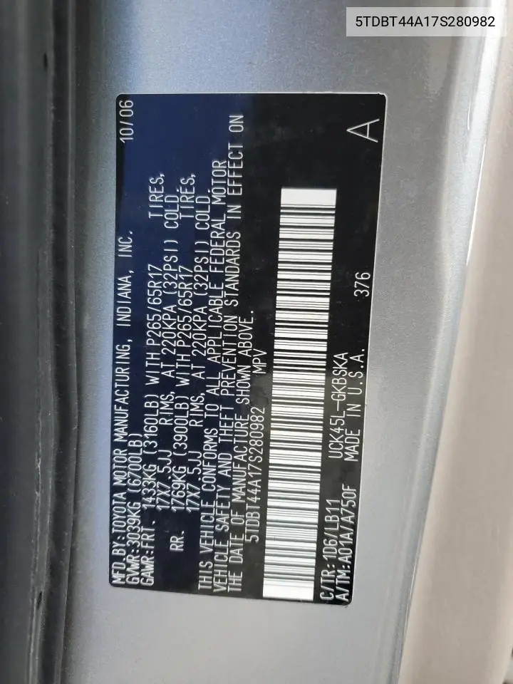 2007 Toyota Sequoia Sr5 VIN: 5TDBT44A17S280982 Lot: 52850655