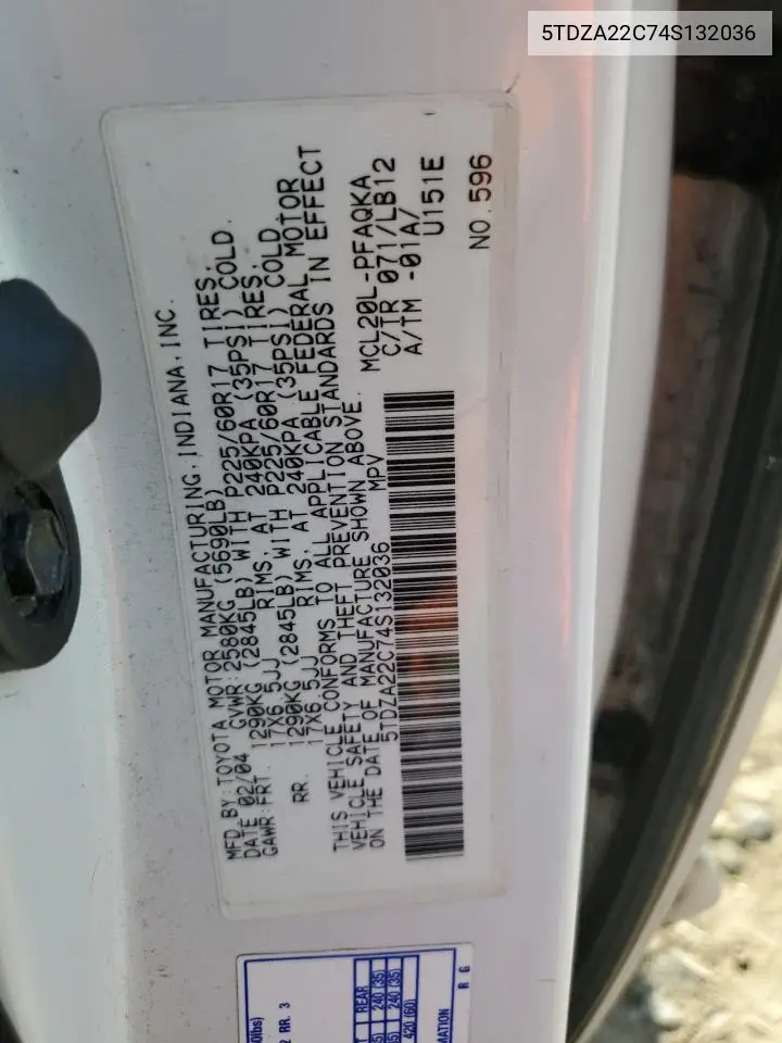 2004 Toyota Sienna Xle VIN: 5TDZA22C74S132036 Lot: 63510695