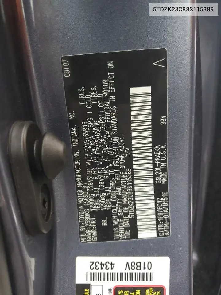 2008 Toyota Sienna Ce VIN: 5TDZK23C88S115389 Lot: 55839035