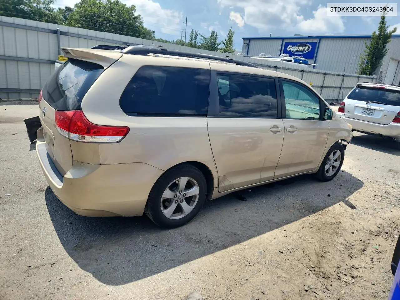 2012 Toyota Sienna Le VIN: 5TDKK3DC4CS243904 Lot: 62687655