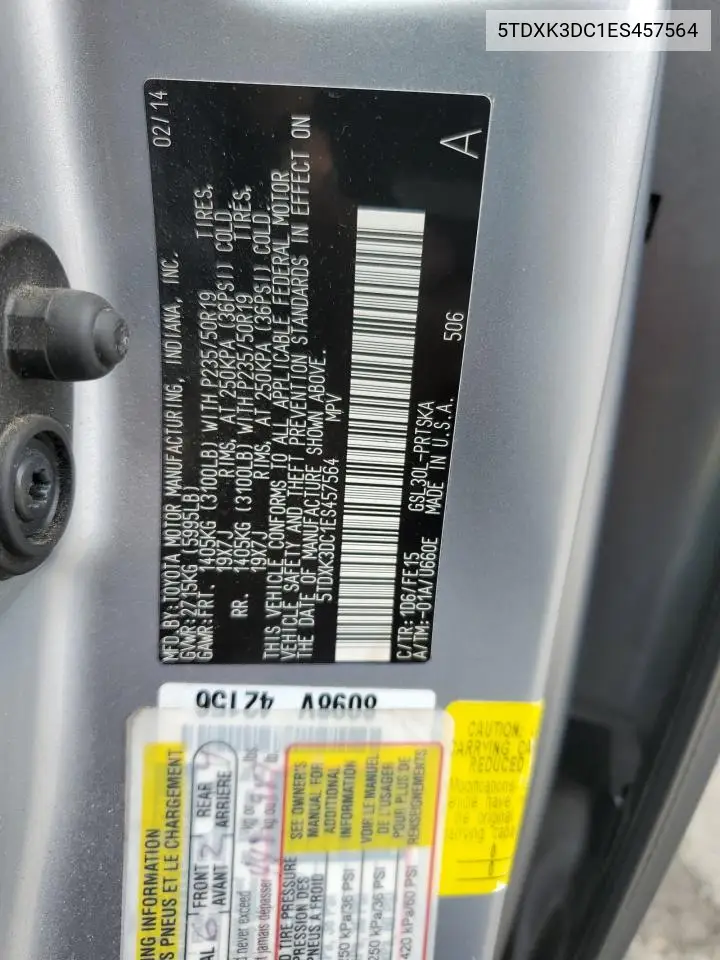 2014 Toyota Sienna Sport VIN: 5TDXK3DC1ES457564 Lot: 56986185