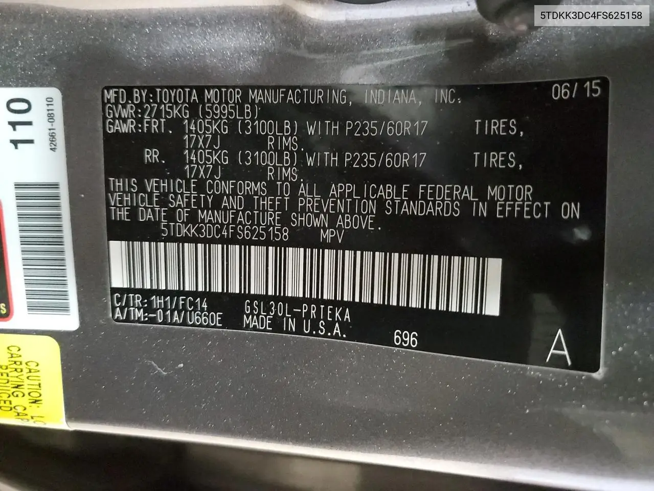 2015 Toyota Sienna Le VIN: 5TDKK3DC4FS625158 Lot: 56126435