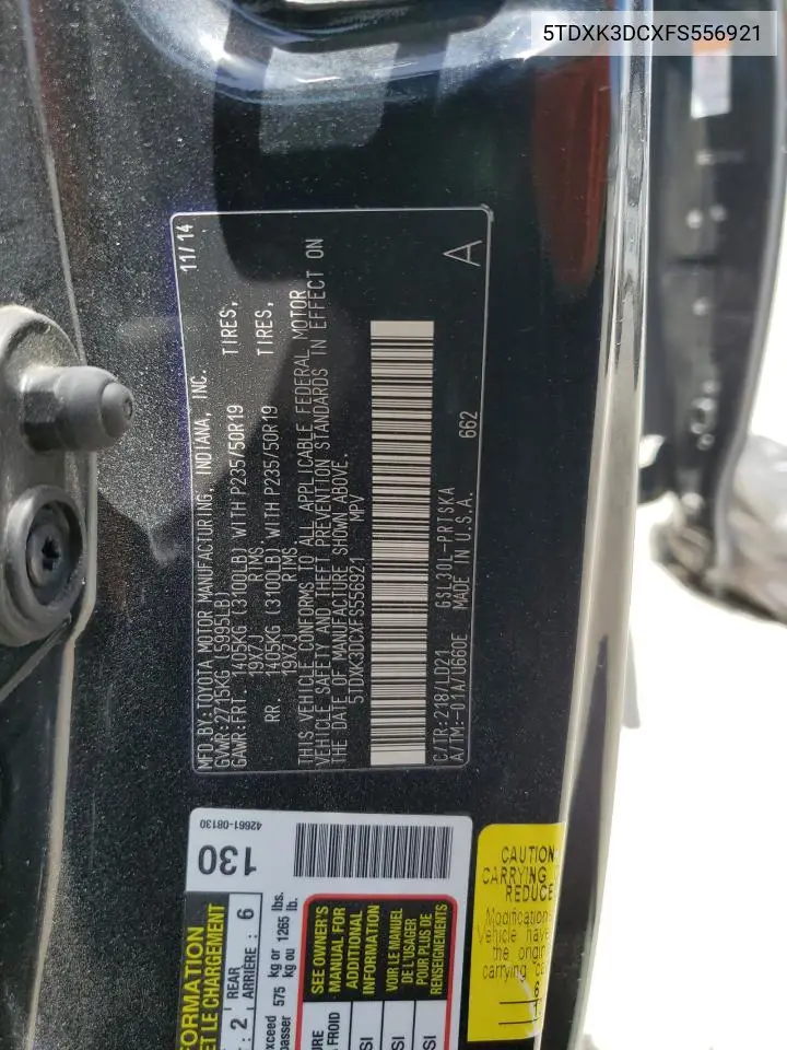 2015 Toyota Sienna Sport VIN: 5TDXK3DCXFS556921 Lot: 56524975