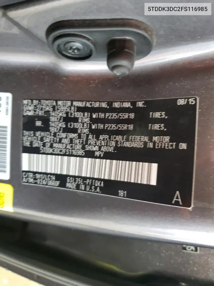 5tddk3dc2fs116985 5TDDK3DC2FS116985 2015 Toyota Sienna Xle