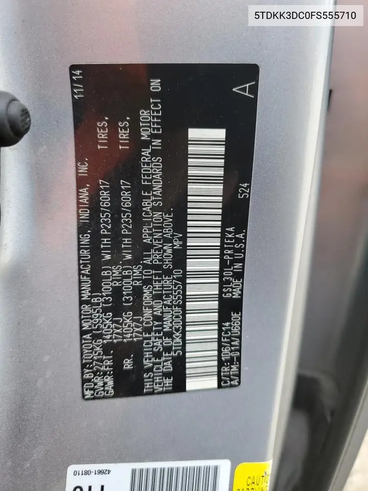 2015 Toyota Sienna Le VIN: 5TDKK3DC0FS555710 Lot: 61930765