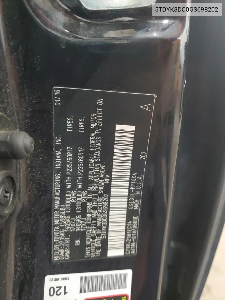 2016 Toyota Sienna Xle VIN: 5TDYK3DC0GS698202 Lot: 56624055