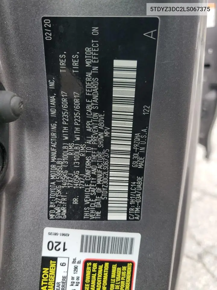 2020 Toyota Sienna Xle VIN: 5TDYZ3DC2LS067375 Lot: 62885205