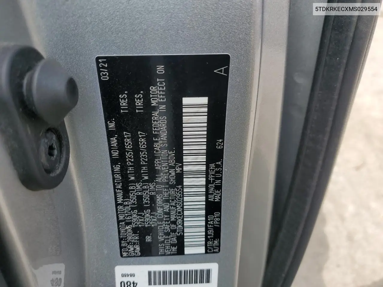 2021 Toyota Sienna Le VIN: 5TDKRKECXMS029554 Lot: 55745035