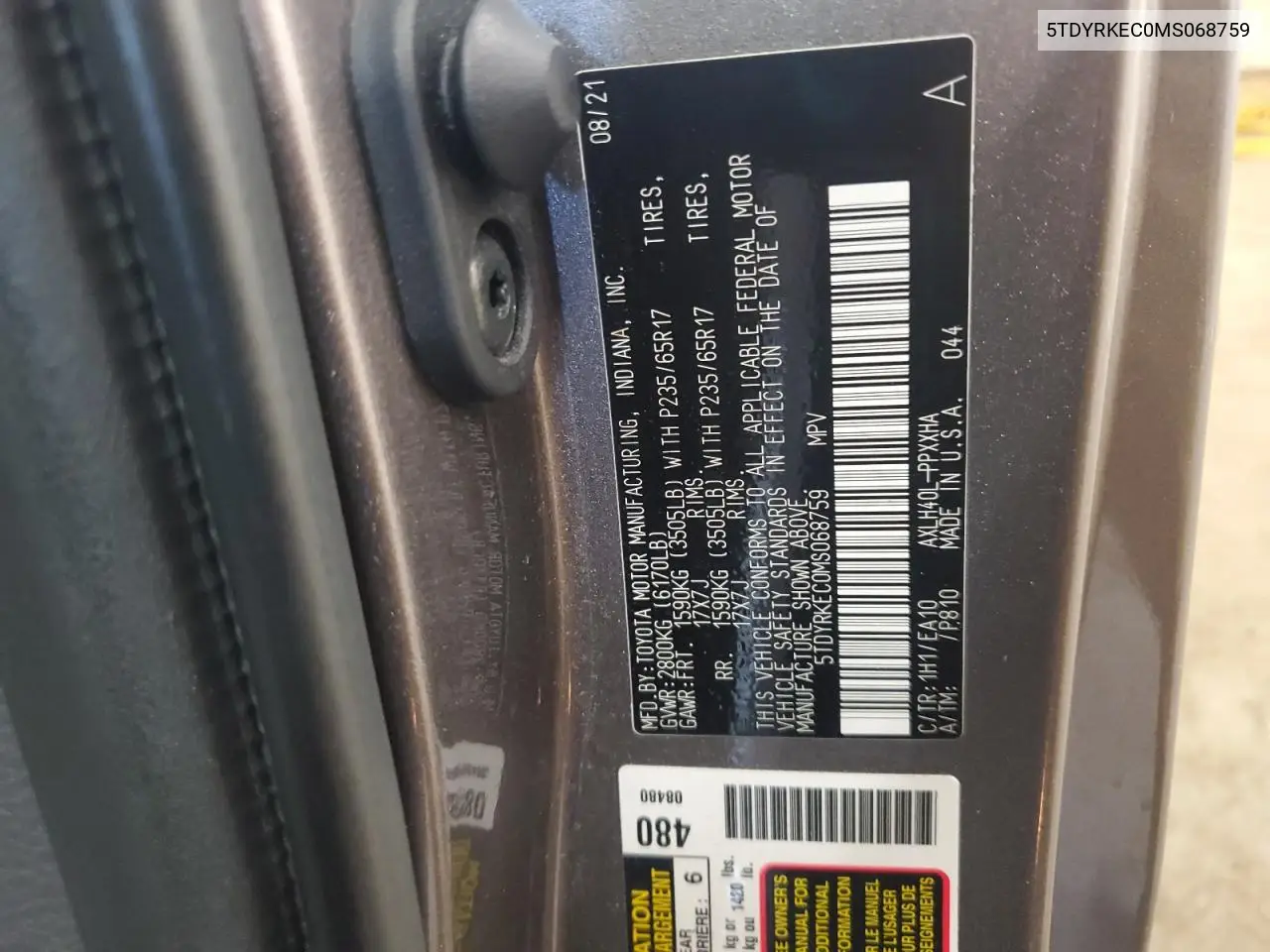 2021 Toyota Sienna Xle VIN: 5TDYRKEC0MS068759 Lot: 55759265