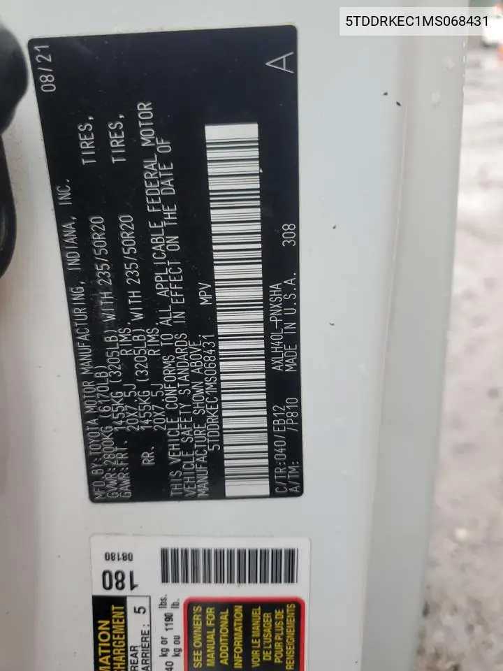 2021 Toyota Sienna Xse VIN: 5TDDRKEC1MS068431 Lot: 56538865