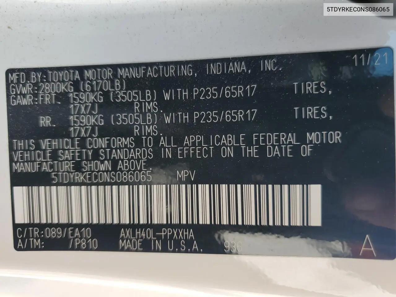 2022 Toyota Sienna Xle VIN: 5TDYRKEC0NS086065 Lot: 55973215