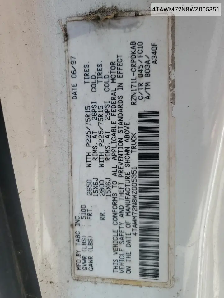1998 Toyota Tacoma Xtracab VIN: 4TAWM72N8WZ005351 Lot: 62338335