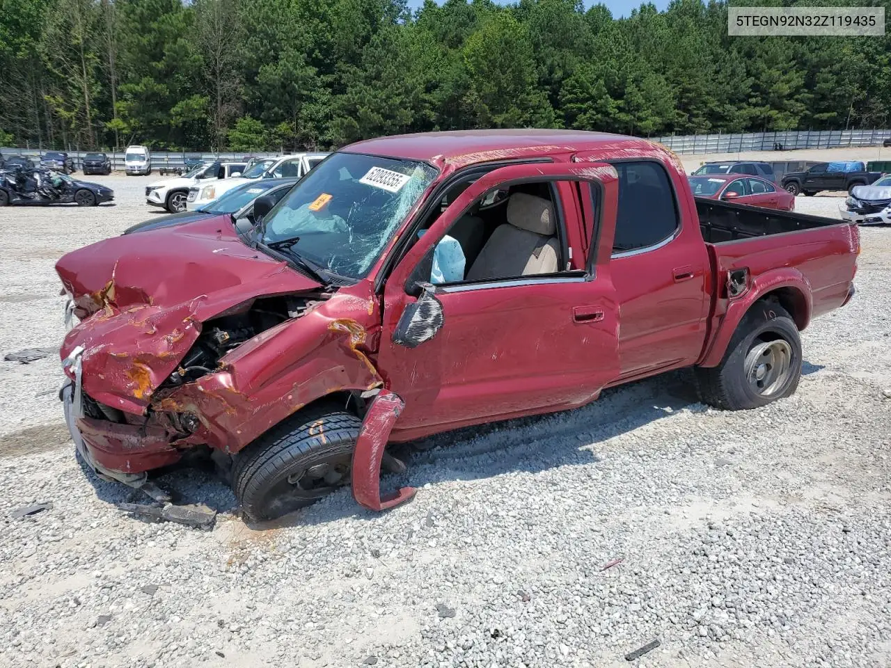 2002 Toyota Tacoma Double Cab Prerunner VIN: 5TEGN92N32Z119435 Lot: 62093355