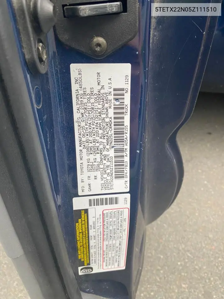 2005 Toyota Tacoma Access Cab VIN: 5TETX22N05Z111510 Lot: 63134585