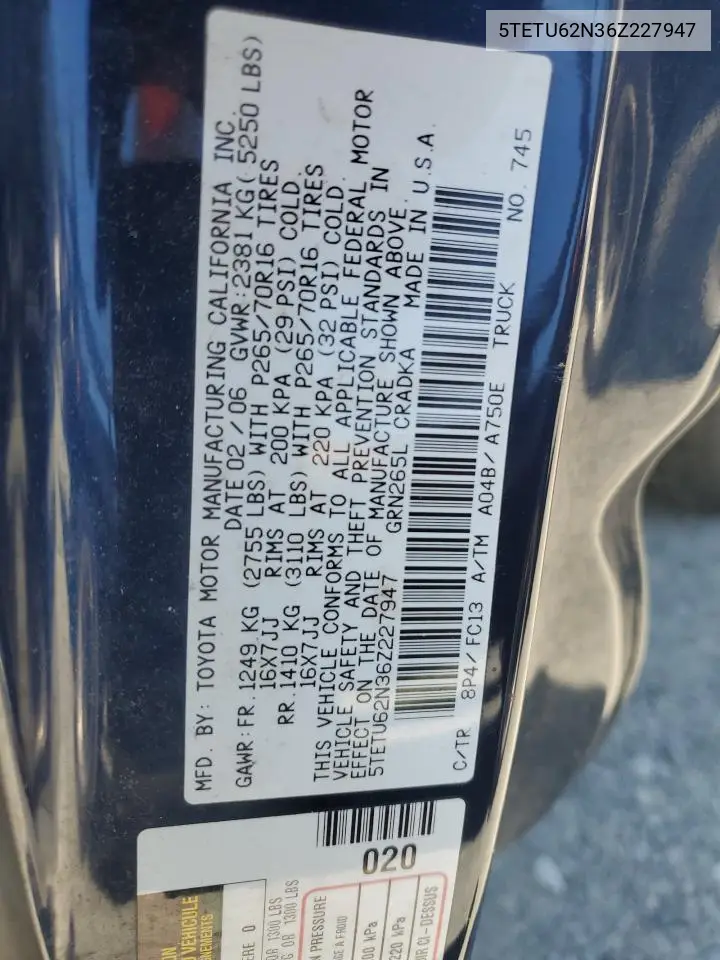 2006 Toyota Tacoma Prerunner Access Cab VIN: 5TETU62N36Z227947 Lot: 62606335