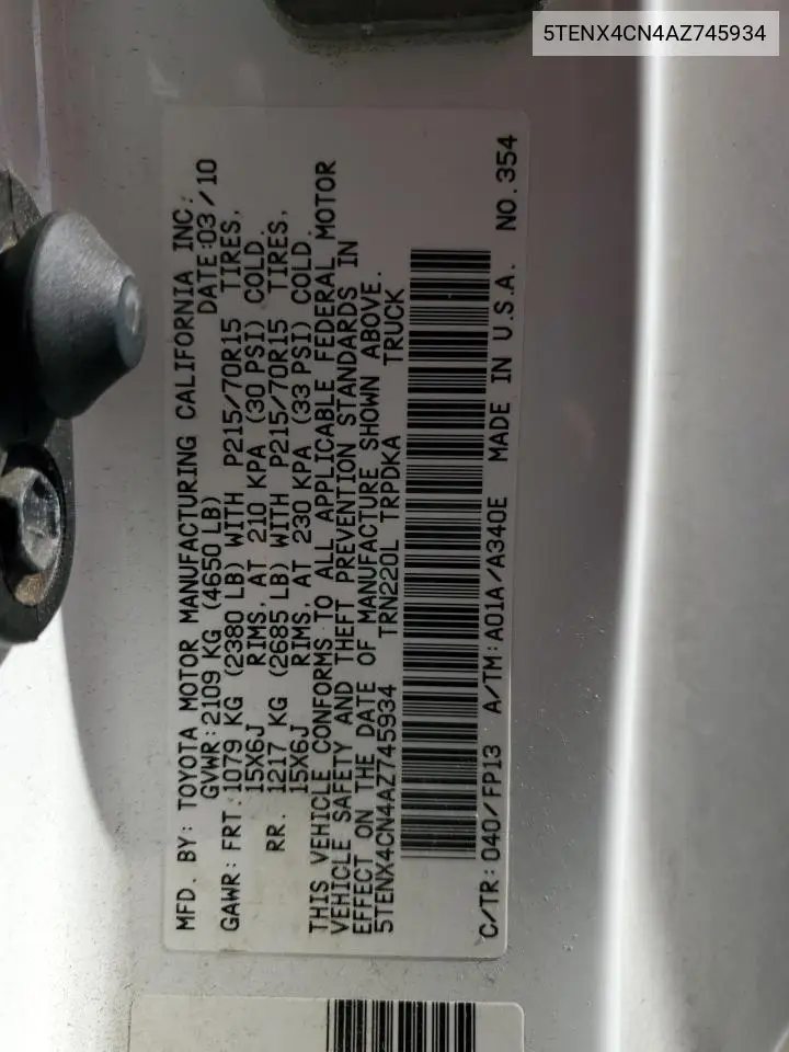 2010 Toyota Tacoma VIN: 5TENX4CN4AZ745934 Lot: 62604015
