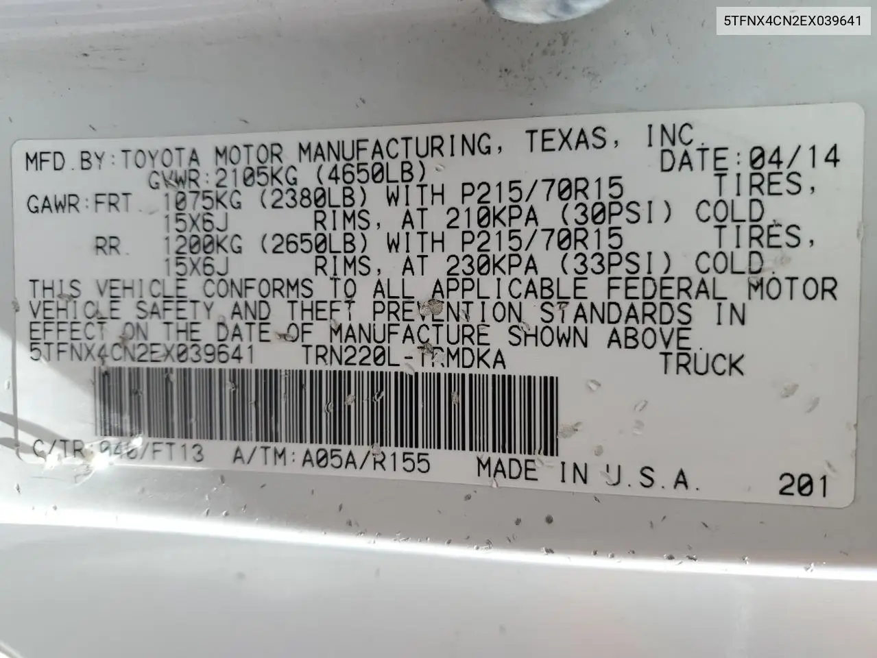 2014 Toyota Tacoma VIN: 5TFNX4CN2EX039641 Lot: 56342335