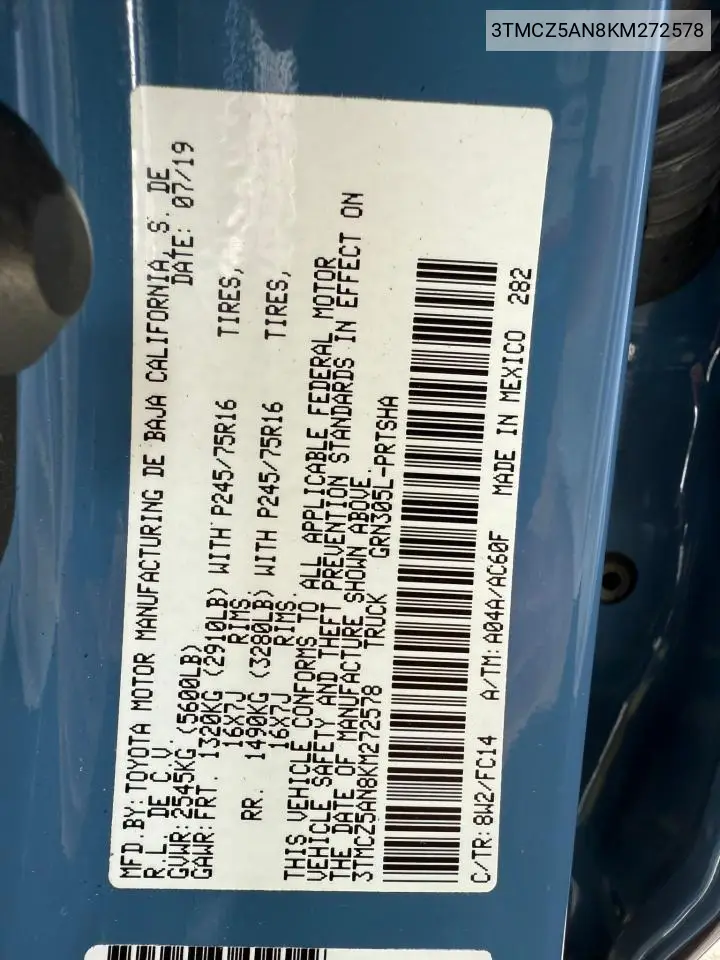 2019 Toyota Tacoma Double Cab VIN: 3TMCZ5AN8KM272578 Lot: 63283405