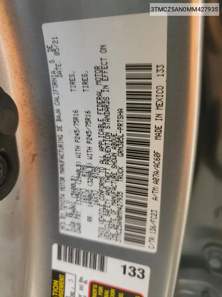 2021 Toyota Tacoma Double Cab VIN: 3TMCZ5AN0MM427935 Lot: 59975455