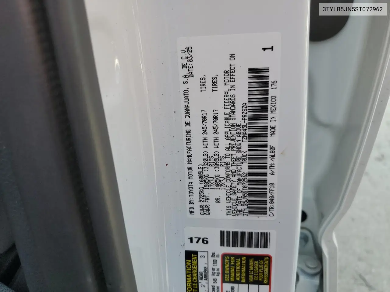 2025 Toyota Tacoma Double Cab VIN: 3TYLB5JN5ST072962 Lot: 58808895