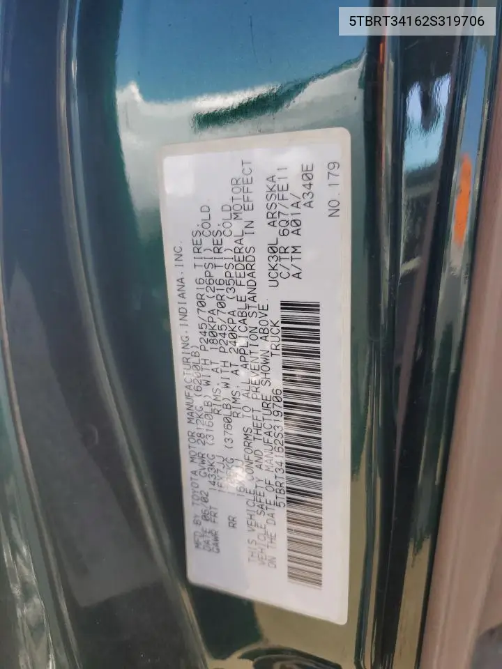 2002 Toyota Tundra Access Cab VIN: 5TBRT34162S319706 Lot: 62978105