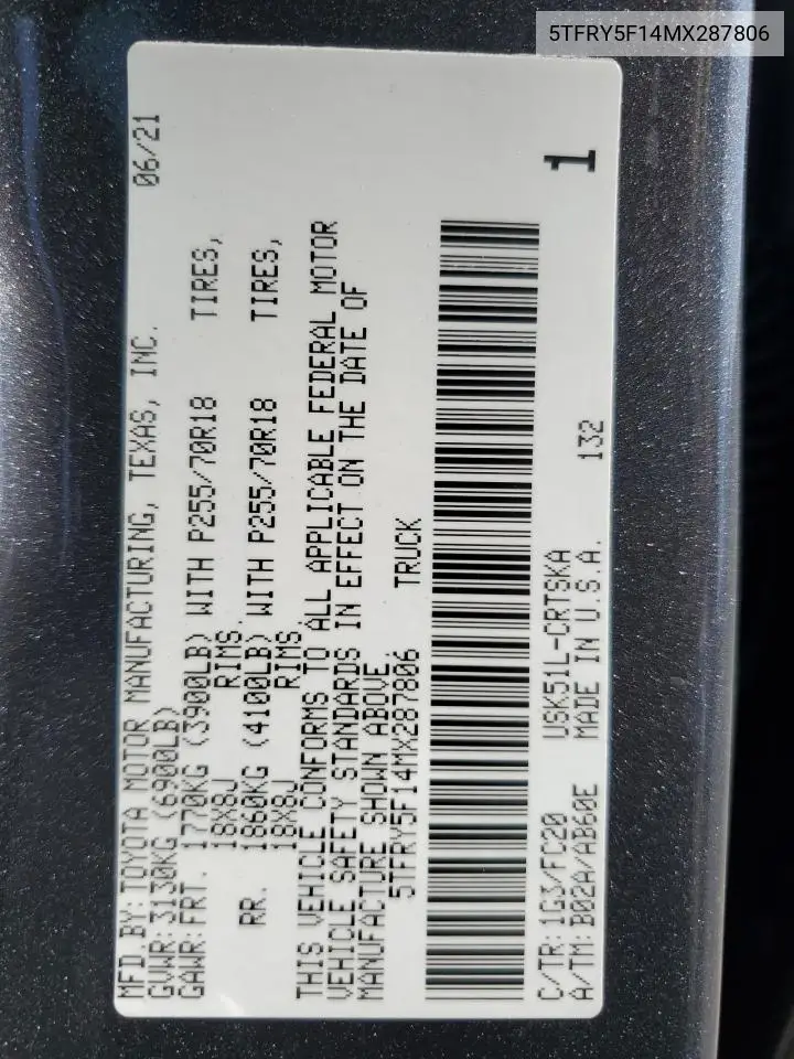 2021 Toyota Tundra Double Cab Sr VIN: 5TFRY5F14MX287806 Lot: 54045995