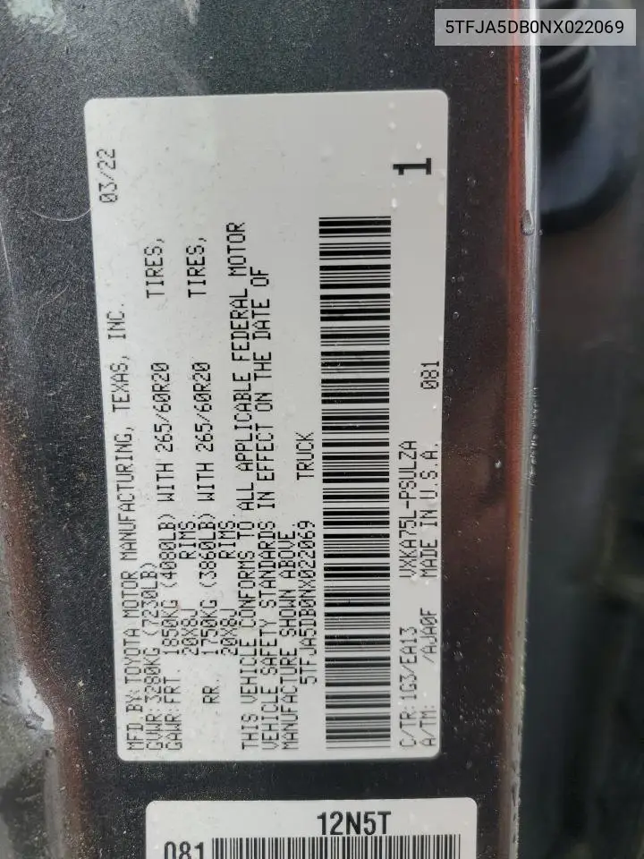 2022 Toyota Tundra Crewmax Limited VIN: 5TFJA5DB0NX022069 Lot: 58006515