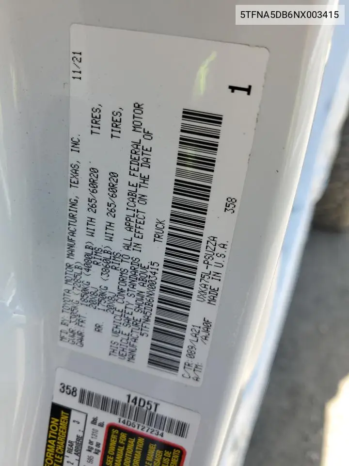 2022 Toyota Tundra Crewmax Platinum VIN: 5TFNA5DB6NX003415 Lot: 60794455