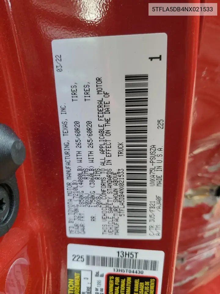 2022 Toyota Tundra Crewmax Sr VIN: 5TFLA5DB4NX021533 Lot: 61966195
