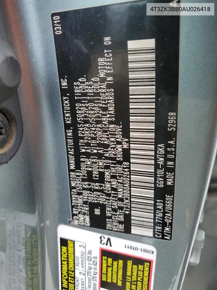 2010 Toyota Venza VIN: 4T3ZK3BB0AU026418 Lot: 56361575