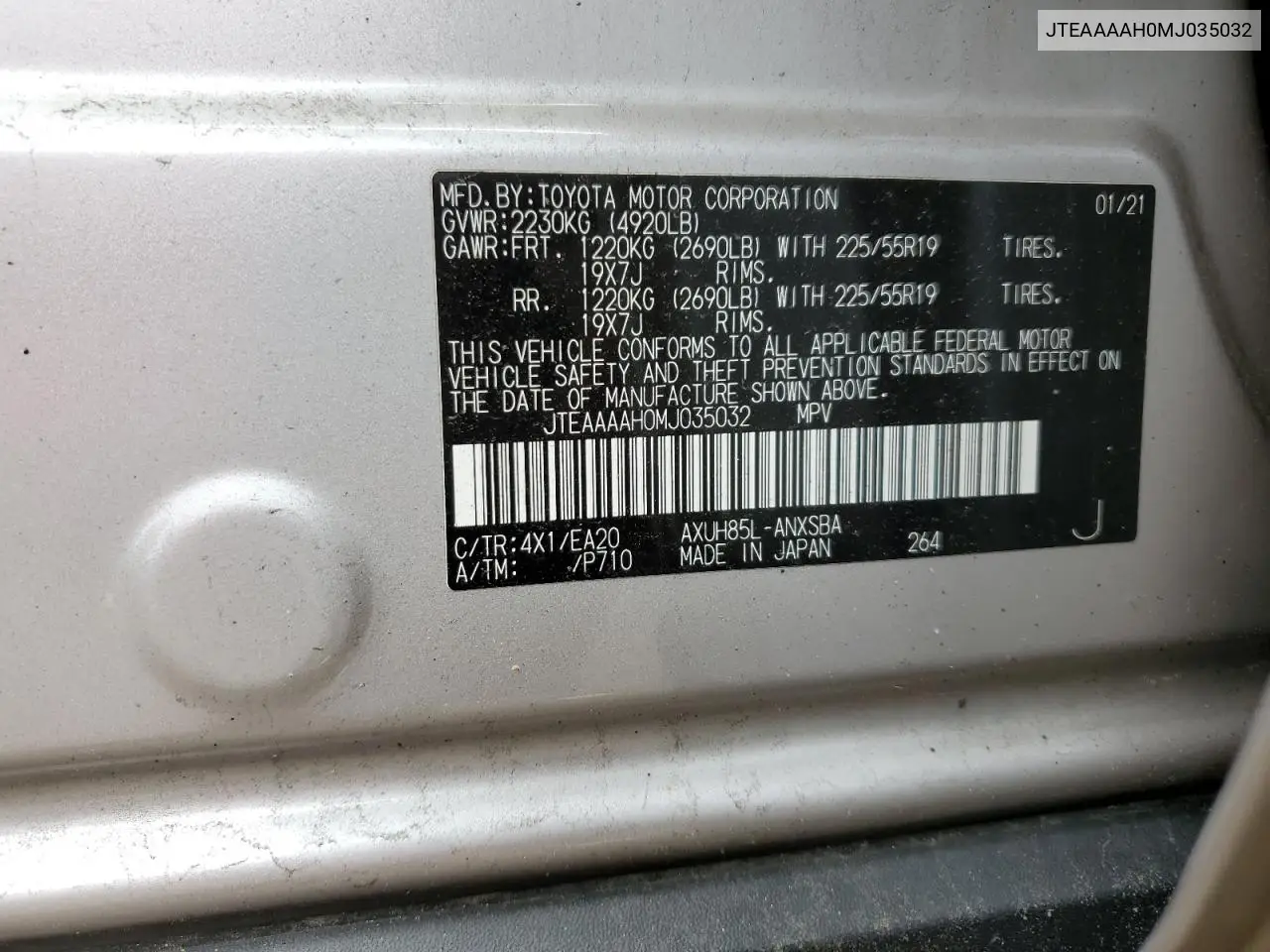 2021 Toyota Venza Le VIN: JTEAAAAH0MJ035032 Lot: 56554735