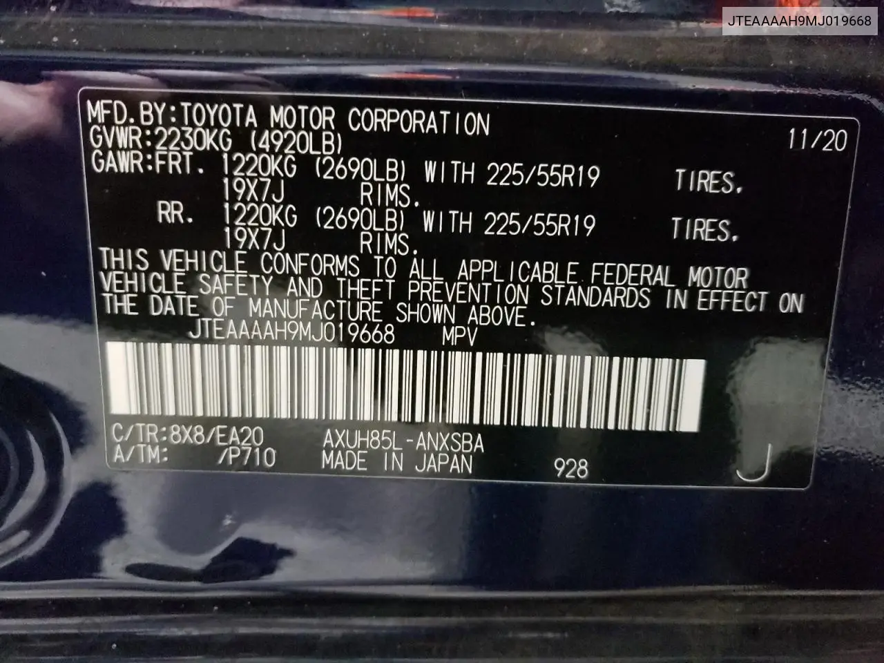 2021 Toyota Venza Le VIN: JTEAAAAH9MJ019668 Lot: 57122115
