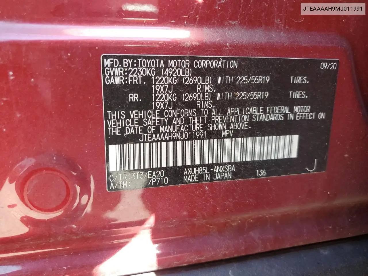 2021 Toyota Venza Le VIN: JTEAAAAH9MJ011991 Lot: 62608085
