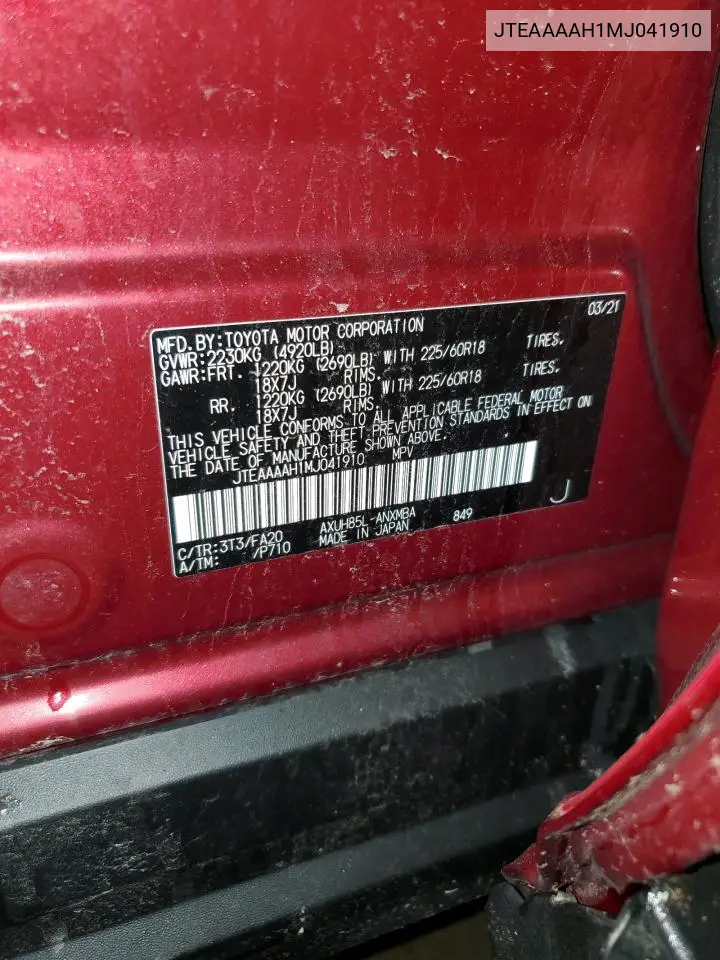 2021 Toyota Venza Le VIN: JTEAAAAH1MJ041910 Lot: 62964365
