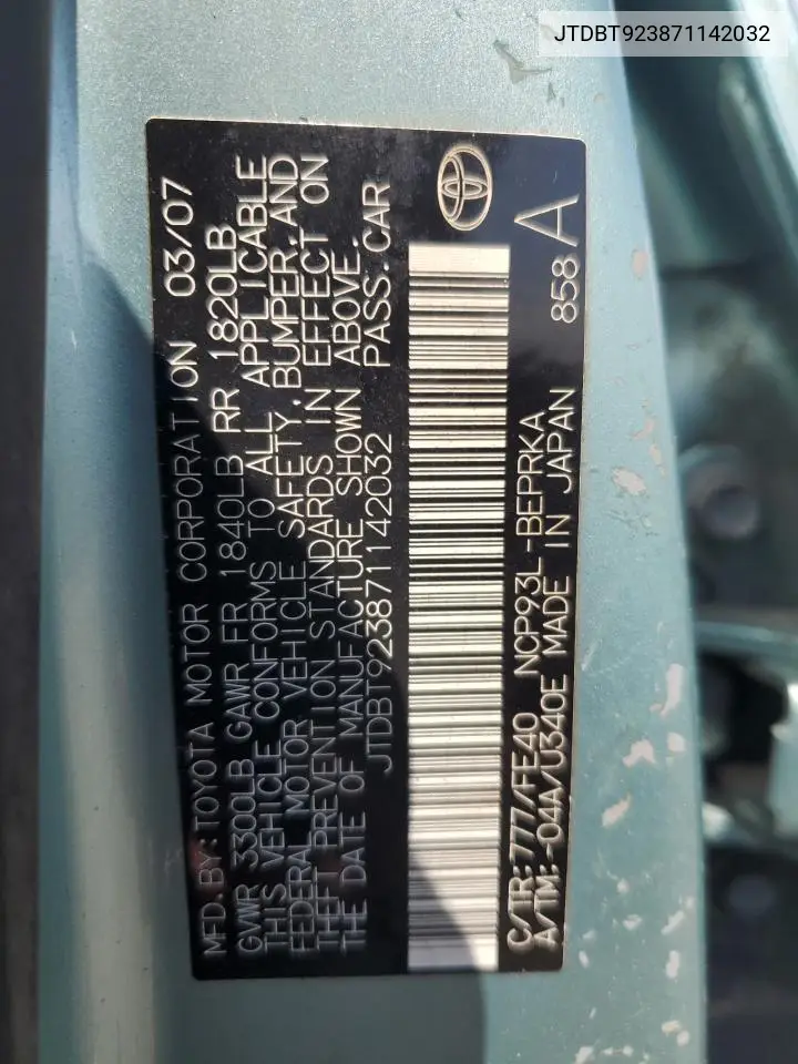 2007 Toyota Yaris VIN: JTDBT923871142032 Lot: 58248015