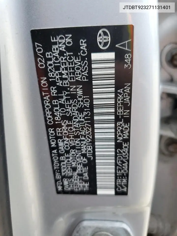2007 Toyota Yaris VIN: JTDBT923271131401 Lot: 63266825