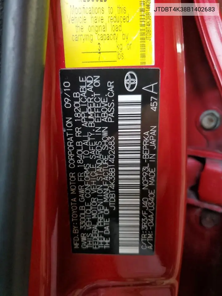 2011 Toyota Yaris VIN: JTDBT4K38B1402683 Lot: 62655255