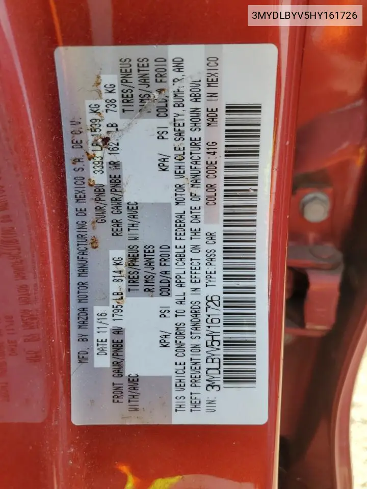 2017 Toyota Yaris Ia VIN: 3MYDLBYV5HY161726 Lot: 56980805