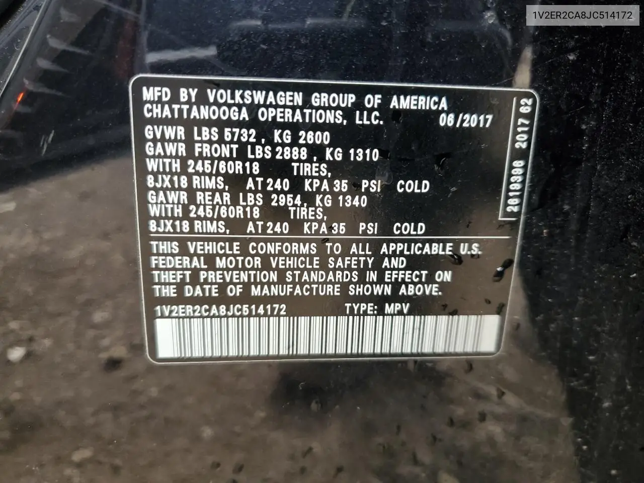 2018 Volkswagen Atlas Sel VIN: 1V2ER2CA8JC514172 Lot: 55598685