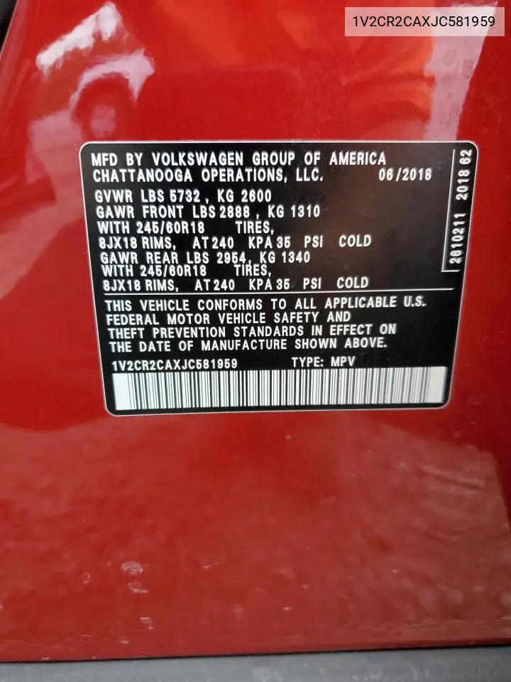2018 Volkswagen Atlas Se VIN: 1V2CR2CAXJC581959 Lot: 56651595