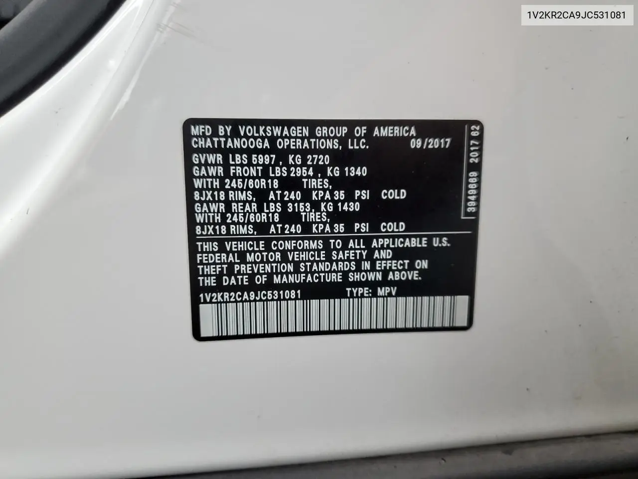 2018 Volkswagen Atlas Se VIN: 1V2KR2CA9JC531081 Lot: 56822955