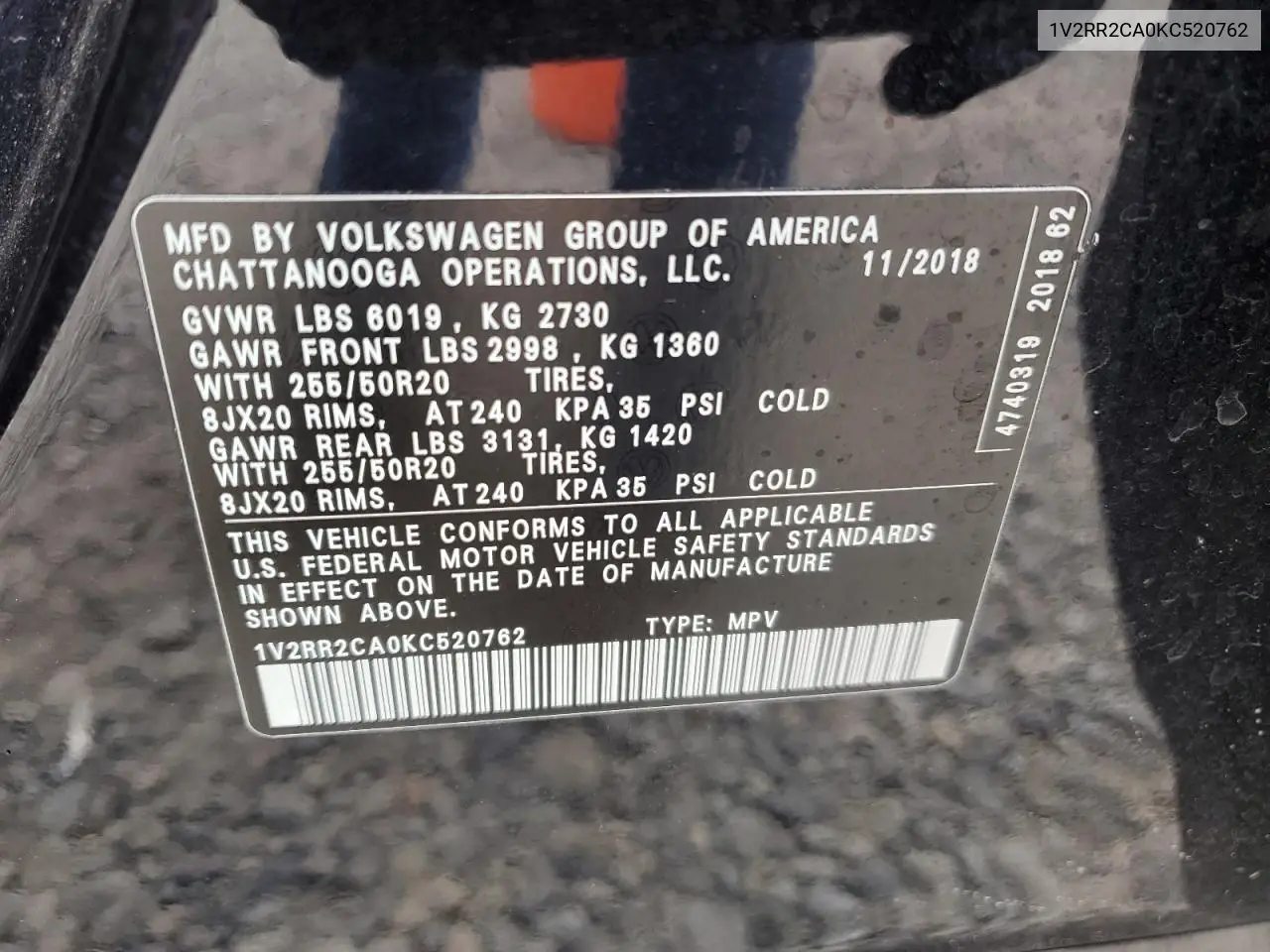 2019 Volkswagen Atlas Sel VIN: 1V2RR2CA0KC520762 Lot: 56938535