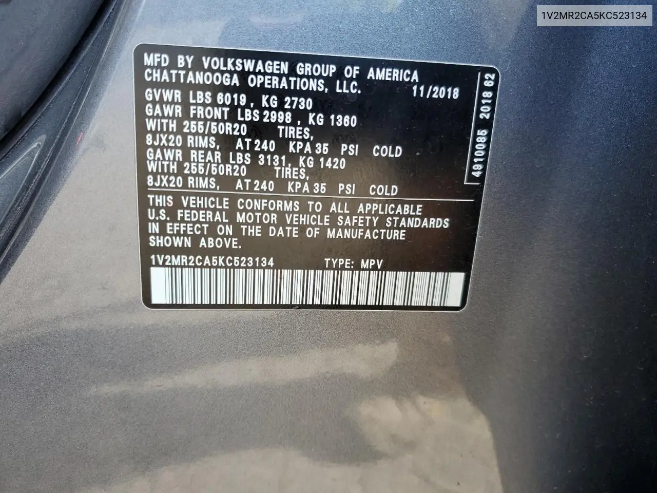 2019 Volkswagen Atlas Sel VIN: 1V2MR2CA5KC523134 Lot: 63484245