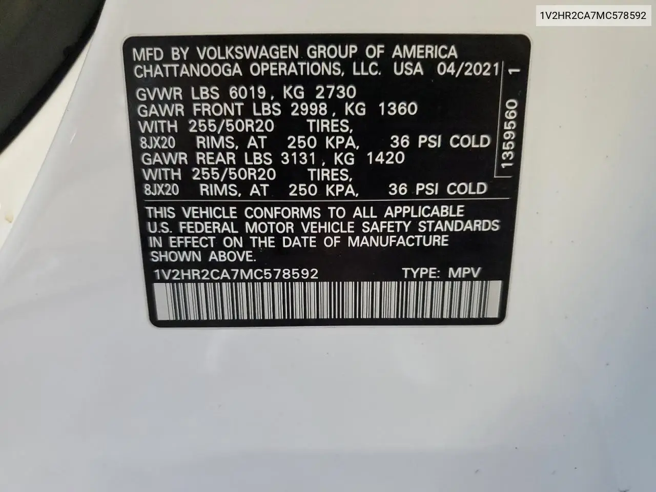 2021 Volkswagen Atlas Se VIN: 1V2HR2CA7MC578592 Lot: 56721615