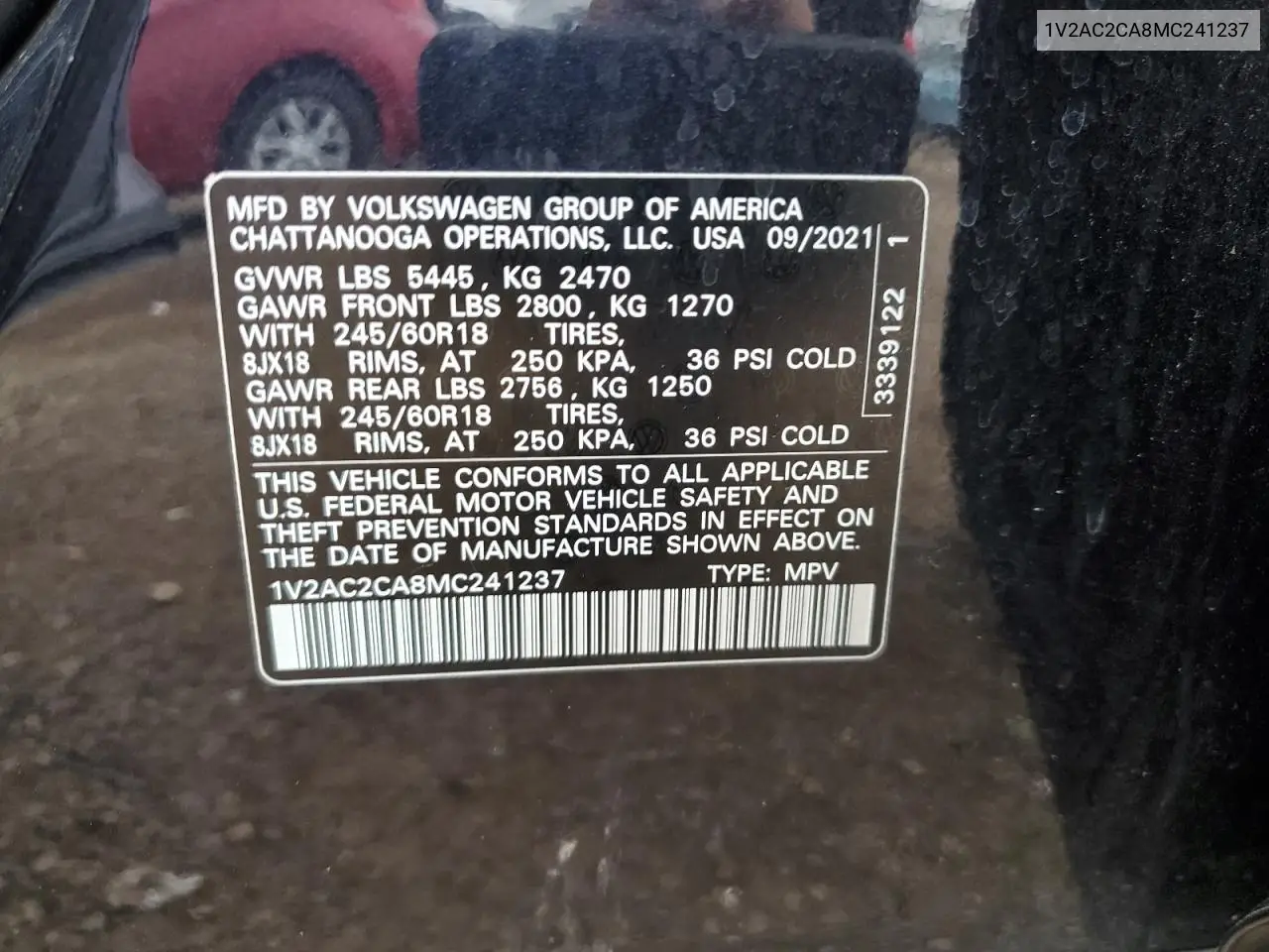 2021 Volkswagen Atlas Cross Sport S VIN: 1V2AC2CA8MC241237 Lot: 60651075